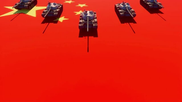 A platoon of military armored tanks advancing in a top-to-bottom direction across the Chinese flag - seamless looping.