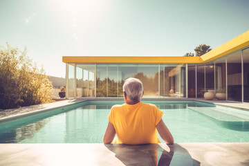 Back view of Generative AI illustration of aged man in yellow t shirt sitting in swimming pool near modern luxury villa with glass walls while relaxing alone on sunny day