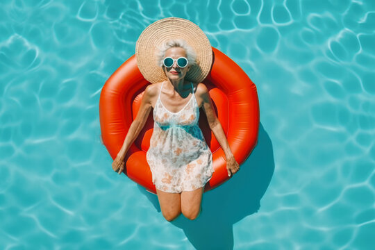 Top view of Generative AI illustration of elderly gray haired woman in summer dress sunglasses and straw hat relaxing on red inflatable ring mattress while swimming in pool during vacation