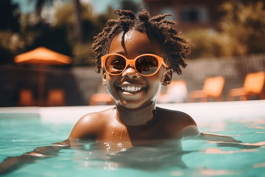 Front view of Generative AI illustration of cheerful African American boy in sunglasses with Afro hairstyle swimming in pool on sunny summer day having fun during holidays