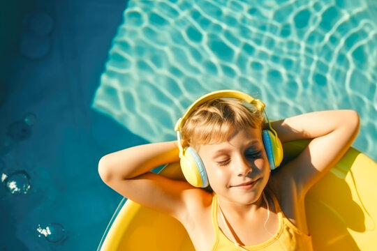 Generative AI illustration of cheerful boy with closed eyes listening to music on headphones with hands behind head laying on inflatable mattress during sunny day