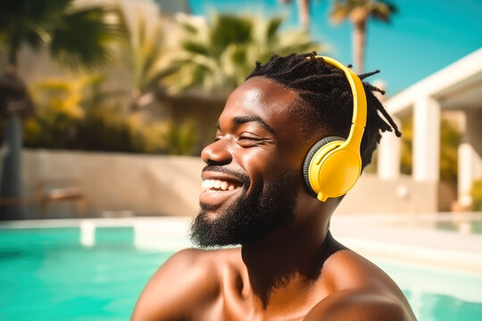 Generative AI illustration of cheerful African American bearded man with Afro hair sitting near swimming pool and listening to music on headphones during sunny weekend