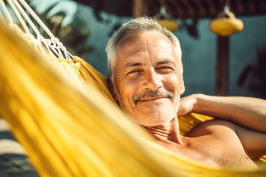 Generative AI illustration of happy elderly bearded gray haired male lying on hammock while resting on summer sunny