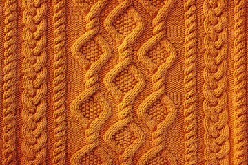 orange  background knitted fabric with a pattern. Knitted Arans close-up