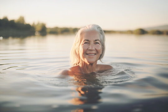 Generative AI image of elderly woman with white hair and face smiling and looking at camera while swimming in lake water
