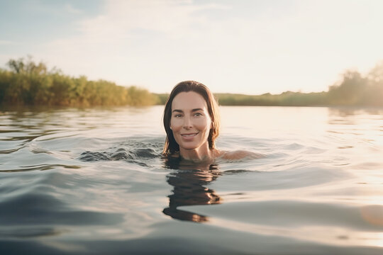 Generative AI illustration of young woman with face smiling is looking at camera while swimming in green lake water surrounded by trees