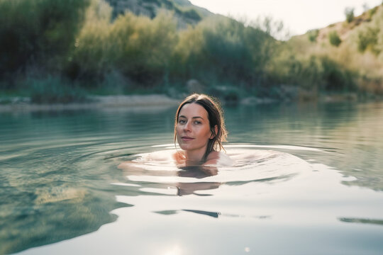 Generative AI illustration of young woman looking at camera while swimming in green lake water surrounded by trees and mountains
