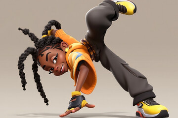 Generative AI cartoon illustration of cheerful black girl in trendy clothes with braids dancing energetically against beige background