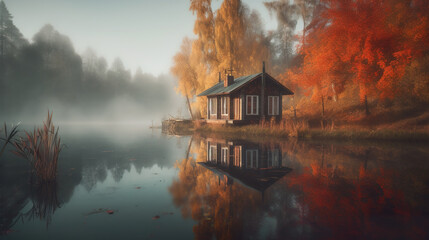 Fototapeta na wymiar A small cabin, tiny house sitting on a misty lake shore in Autumn forest in mist. AI generative. Generative AI