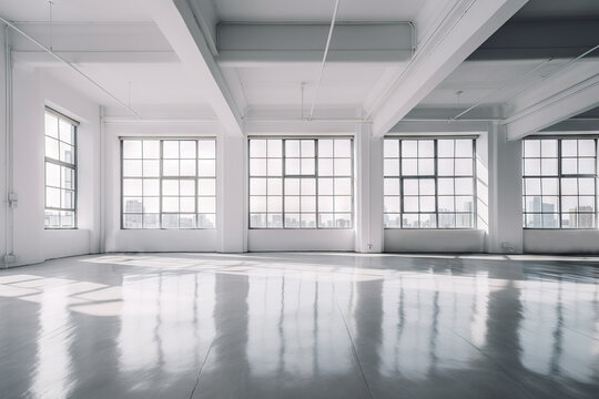 AI-generating illustration of a modern, spacious hall with empty white walls and columns placed between large windows