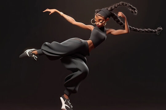 Generative AI cartoon illustration of of fit woman in trendy outfit with braids dancing energetically on black background