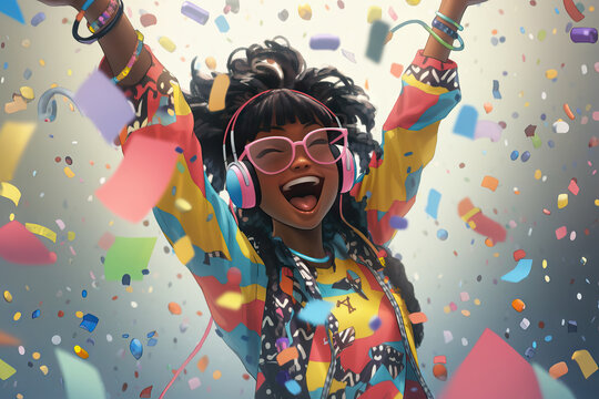 Generative AI cartoon illustration of confetti falling on excited woman in trendy clothes and sunglasses listening to music through headphones