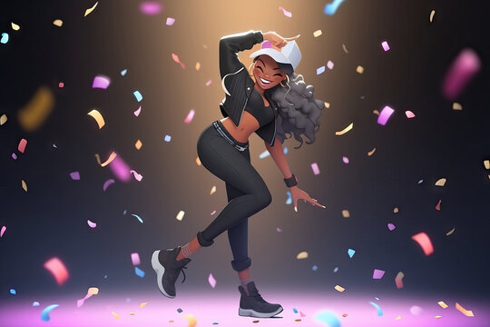 Generative AI image of a happy ballerina in trainers and cap doing a dance trick while performing confetti against a black background