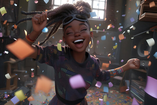 Generative AI image of happy African American woman smiling and standing near speakers in studio surrounded by flying confettis