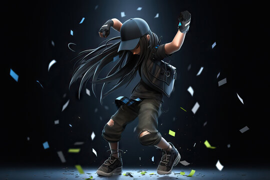 Generative AI image of female dancer in sneakers and cap doing dance trick with raised arms while performing with confetti against black background