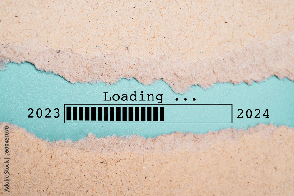 Poster loading 2023 to 2024 infographic technology inside of torn paper for countdown and start preparation