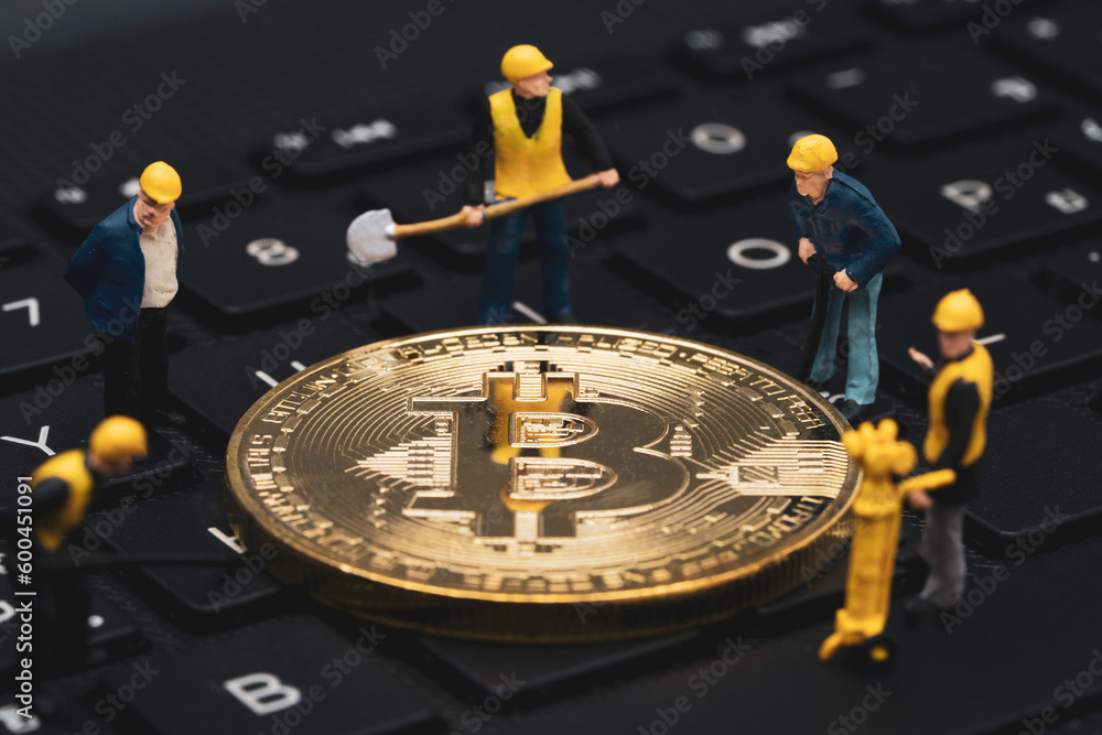 Poster miners miniature figures mining golden bitcoins on computer keyboard for cryptocurrency investment t