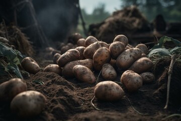 Exhumed spuds rest on farmland. Generative AI