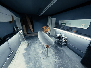 Concentrated man polishing surfboard in workshop