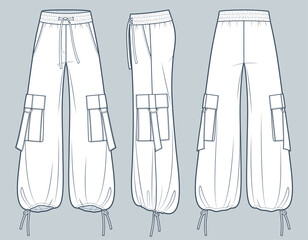 Wide leg Pants fashion flat technical drawing template. Drawstring Pants technical fashion Illustration, oversize, pocket, front, side and  back view, white, women, men, unisex CAD mockup set.