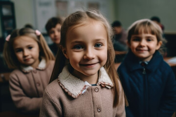 Generative AI illustration of cute smiling fair haired schoolgirl standing near classmates in classroom and looking at camera
