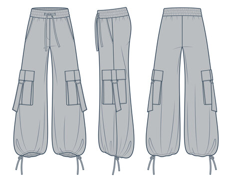 Wide leg Pants technical fashion illustration, fashion design, drawstring, oversize, pocket, elastic waistband, front, side and  back view, grey, women, men, unisex CAD mockup set.