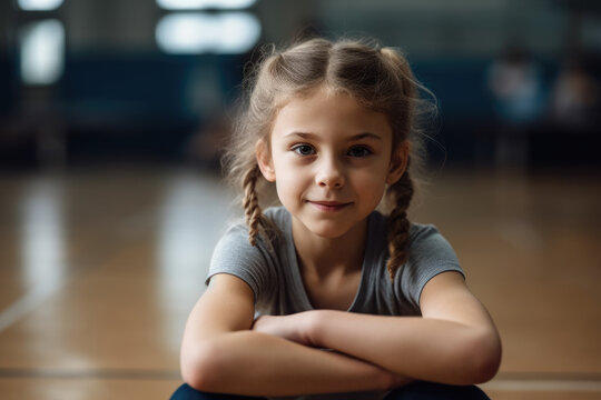 Generative AI illustration of adorable girl sitting in gym with hands crossed during PE class looking at camera against blurred background