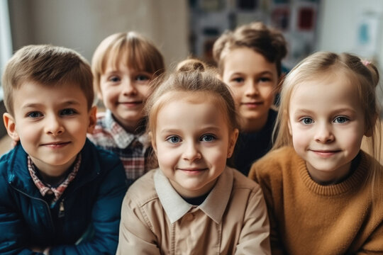 Generative AI illustration of cute kindergarten children standing in playroom and smiling while looking at camera during school day