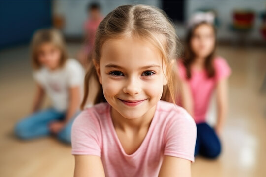 Generative AI illustration of adorable smiling schoolgirl in pink t shirt sitting on floor in gym during physical education class against blurred background