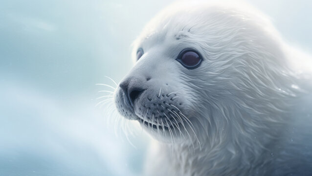 Generative AI image portrait of white pinniped looking away while standing against blurred white background