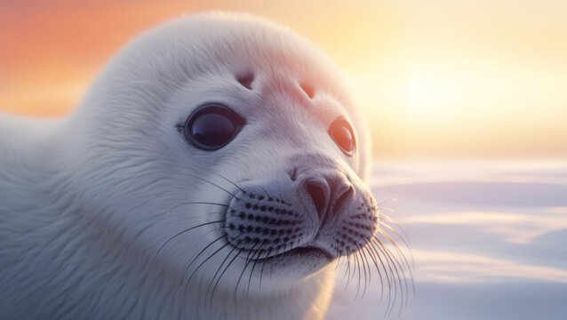 Generative AI image portrait of a white pinniped looking away while standing during sunset