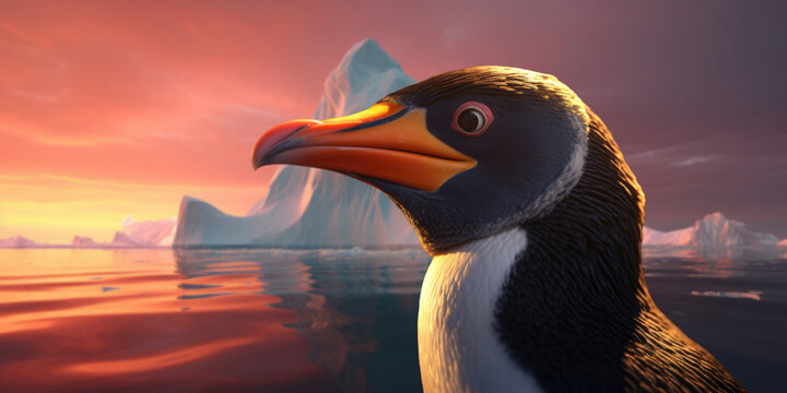 Generative AI illustration side view of curious penguin looking away while standing against iceberg in sea water during sunset