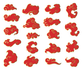 Clouds chinese style. Collection of red and gold clouds, traditional Asian decorative retro element. Light cloud in paper cut style for festival