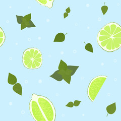 Lime mint mojito pattern. Summer fruits textured. Hand drawn organic vector illustration