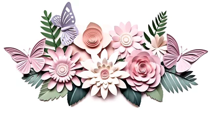 Foto op Canvas Abstract cut paper flowers were isolated on white against a botanical backdrop. - Generative AI © Exuberation 