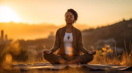 Generative ai young black woman practicing yoga outdoors at sunset