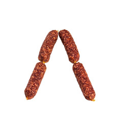 Sausages for beer in the shape of the letter L , isolate on a white background.
