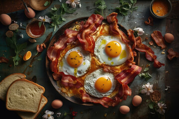 Gourmet Breakfast Aesthetics: A Seamless Culinary Background Showcasing Palatable Sunny Side Up Eggs and Deliciously Greasy Strips of Bacon - A Feast for the Eyes and Taste Buds.




