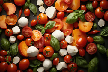 Fototapeta na wymiar Mediterranean Delights: Tomato, Mozzarella, and Basil Adorned Seamless Background for Gourmet Food Pairing. AI Generative