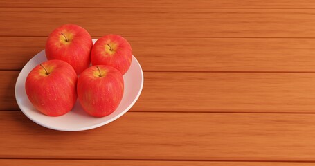 3d illustration of sliced apples on a dish and placed on a wooden table.