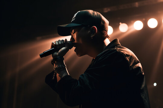 Asian rapper on stage rap, dynamic pose, hero angle, AI generative illustration Generative AI