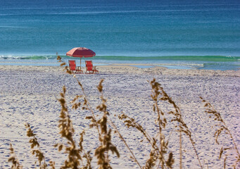 Pink Beach Chairs and Umbrella on Destin Beach, Florida
