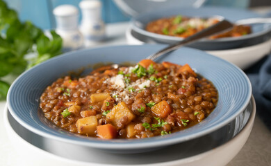 Italian lentil stew with bacon, tomatoes, celery, carrots and herbs. Topped with parmesan cheese on a plate