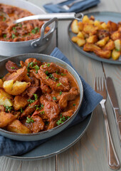 Turkey breast in a delicious paprika cream sauce with fried potatoes on a plate
