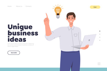 Unique business idea landing page design template with happy man having successful solution - obrazy, fototapety, plakaty