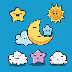 Kawaii star, moon, sun, cloud cartoon character.Kid's children funny element vector illustration on isolated background. Kawaii moon vector, sun cartoon, star cartoon.