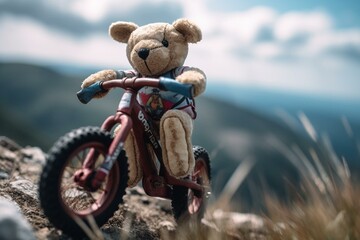 A stuffed animal on a bike racing downhill. Generative AI