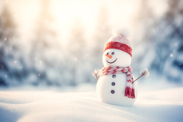 Fototapeta premium Winter scenery with snowman in snowdrift. Merry Christmas and Happy New Year greeting card. Generative AI.