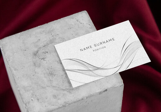 Elegant Business Card Mockup &ndash; Stone Block Display with Luxurious Burgundy Fabric Background