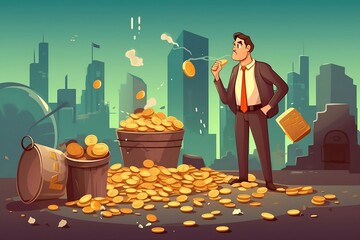 Businessman throws cryptocurrencies in the garbage. Concept: devaluation of cryptocurrencies.  - 600454257